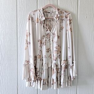 Free People Clover Field Boho V Neck Floral Ruffled Peasant Mini Tunic Cream XS